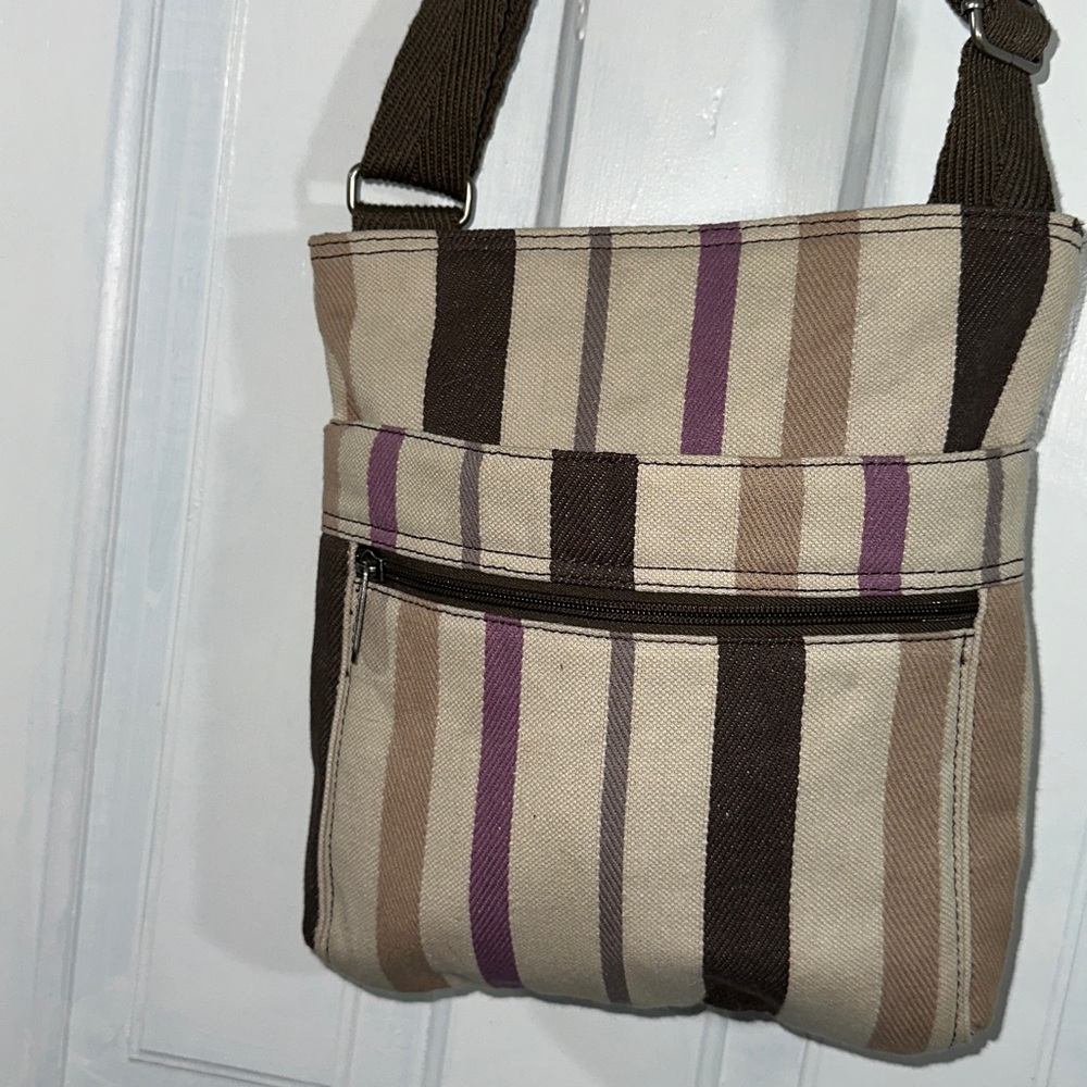 Thirty-one crossbody organizer bag beige/tan,brown,lavender stripes